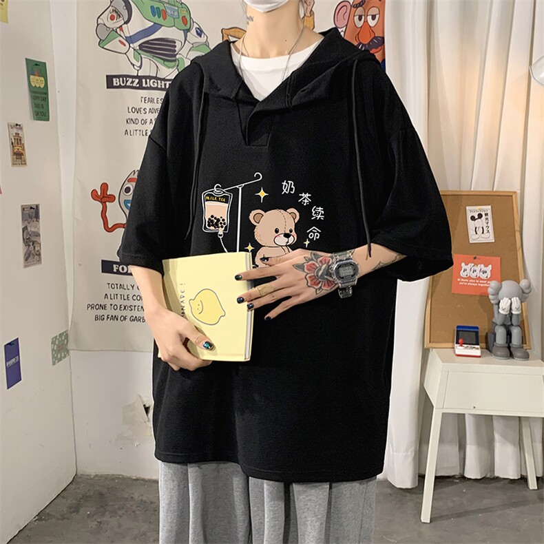 LD54194-P45连帽短袖t恤男大码胖子带帽五分袖中袖,男装T恤,电商A040