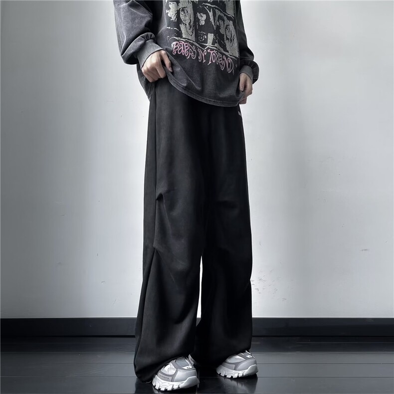 重磅麂皮绒裤子宽松美式嘻哈男士休闲裤春秋季潮流阔腿拖地裤,男装休闲裤,四季星座218-1