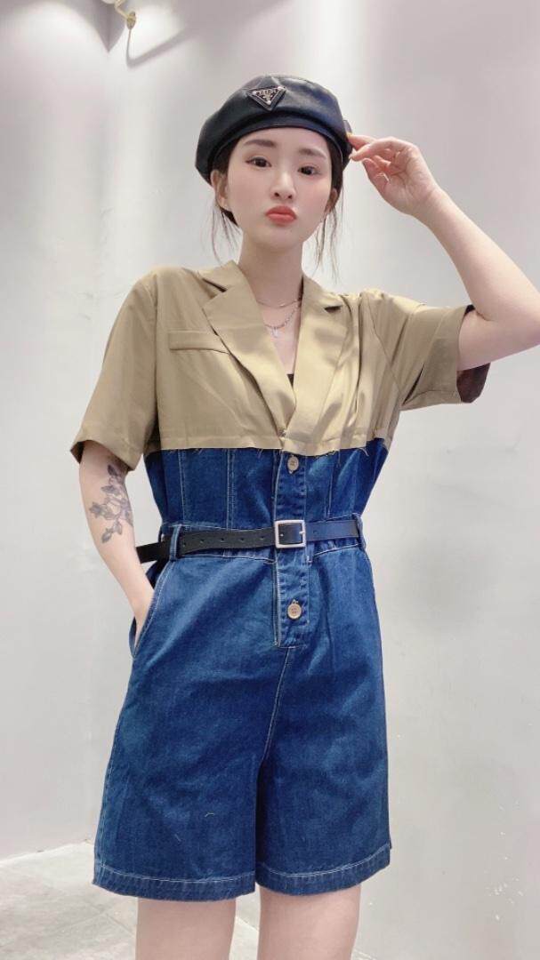 牛仔拼接连体裤，女装连体裤，主合