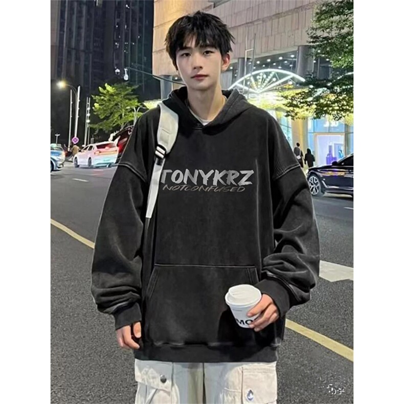 得物抖音高品质秋360克重磅做旧炒雪花印花连帽水洗卫衣ASL1606,男装卫衣,电商A443