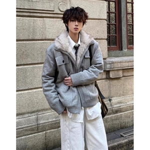 毛领男款冬季加绒加厚针织衫毛衣外套短款保暖棉衣 MY390图片