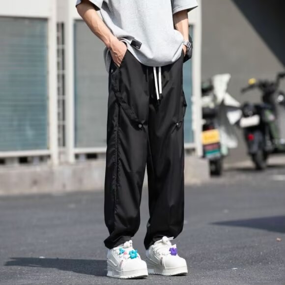 裤子男春秋款宽松垂感直筒休闲裤痞帅拼接黑色束脚工装裤kZ05,男装休闲裤,星座1116A-1（原606A）