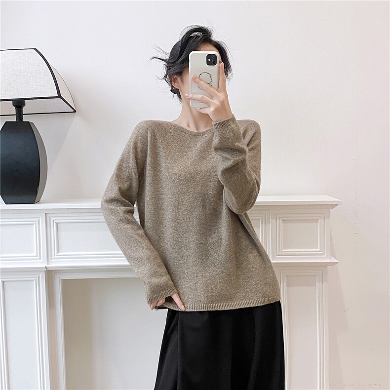 HE|轻奢慵懒薄款baby山羊绒衫女圆领宽松针织衫打底衫廓版毛衣，女装针织衫/毛衣，织纯羊绒