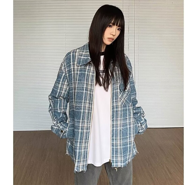 蓝色格子长袖衬衫男女情侣春秋设计痞帅衬衣秋季潮牌时尚炸街外套,男装衬衫,星座506A