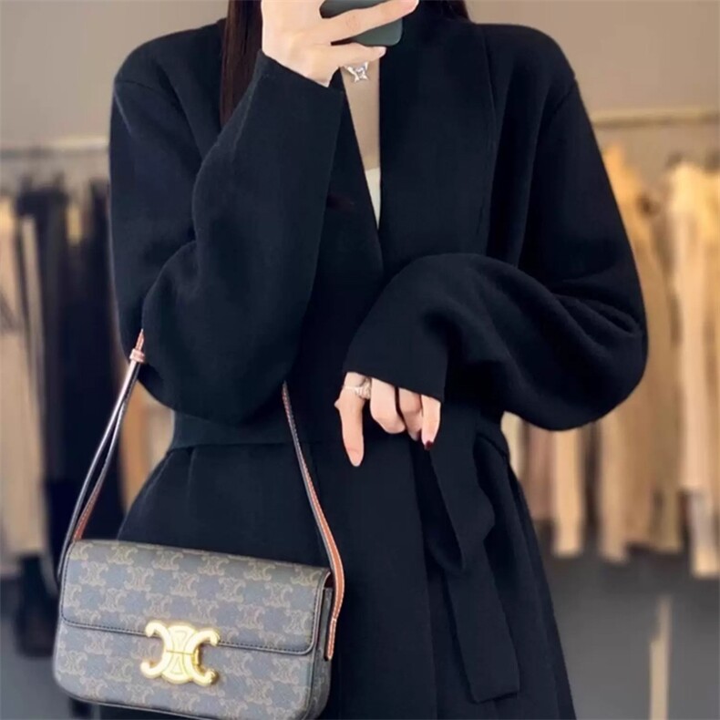 七针加厚宽松大翻领腰带羊毛开衫2025年秋季,女装羊毛衫,唯若美羊绒