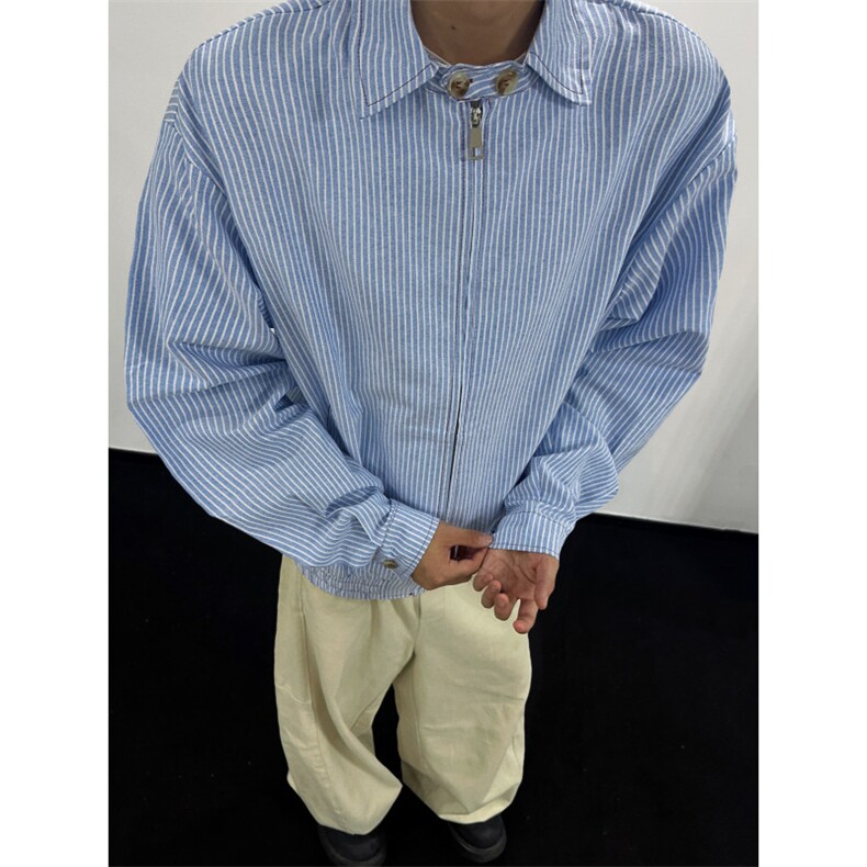 C188-尺码S-2XL-特P43-miu系欧若风松弛极简轻薄蓝白条纹衬衫外套,男装衬衫,星座1811B
