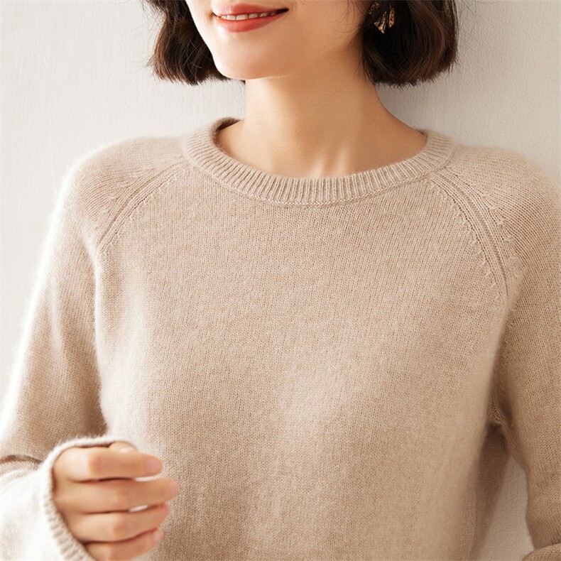 2024秋季新款女士圆领长袖短款套头衫通勤百搭35%羊绒衫，女装羊绒衫，澳煜绒