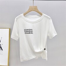 欧洲站2021夏季新款不规则开叉短款T恤女修身显瘦短袖打底衫上衣，女装T恤，潮品会