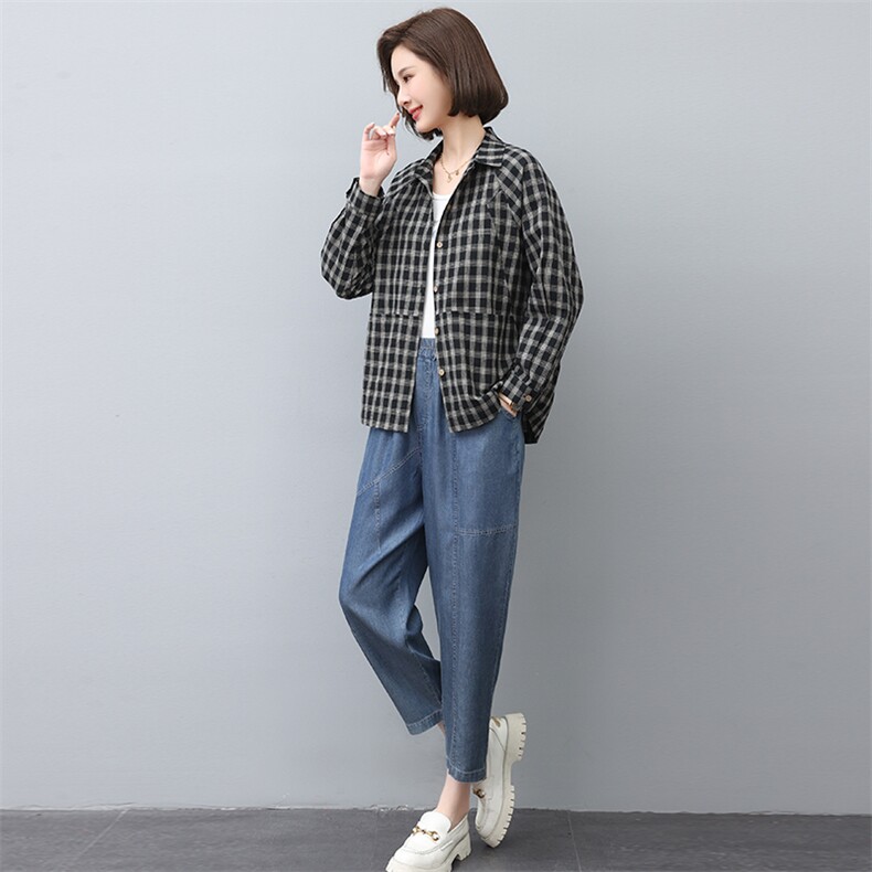 春秋装套装女宽松显瘦2024年新款潮韩版休闲格子衬衫两件套装裤子,女装套装/套裙,忆绮罗