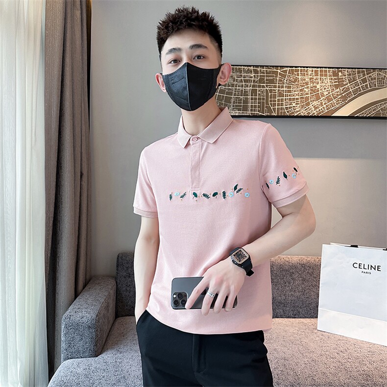 2023花朵刺绣夏季短袖T恤翻领Polo衫小伙风时尚半袖T0264-P50,男装T恤,电商D342