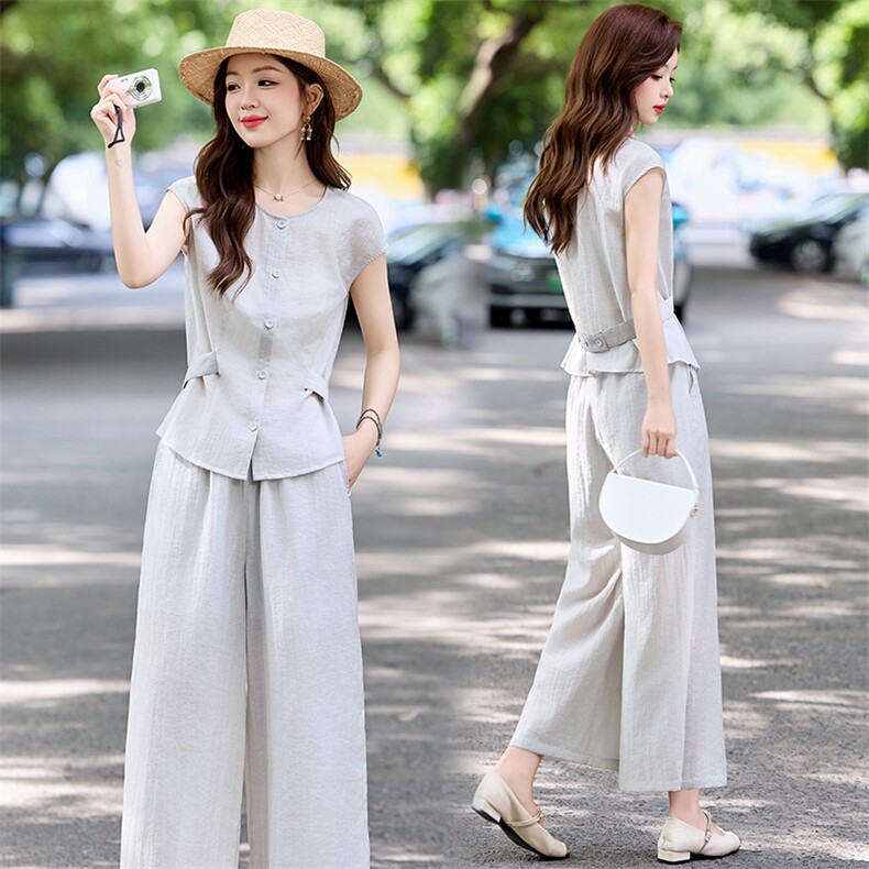 无袖上衣阔腿裤两件套装女夏季2025新款小个子休闲减龄穿搭一整套，女装套装/套裙，姿衣坊