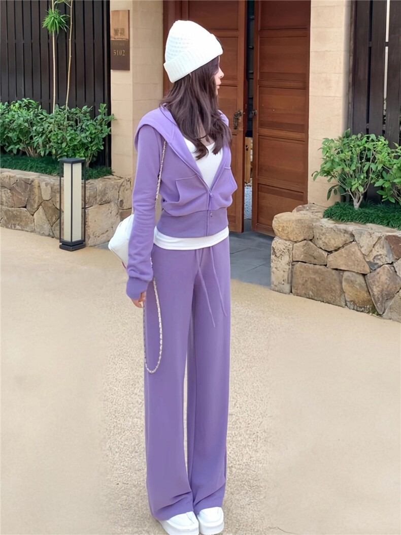 休闲时尚减龄套装女春季新款宽松显瘦纯色连帽卫衣阔腿长裤两件套,女装套装/套裙,江南