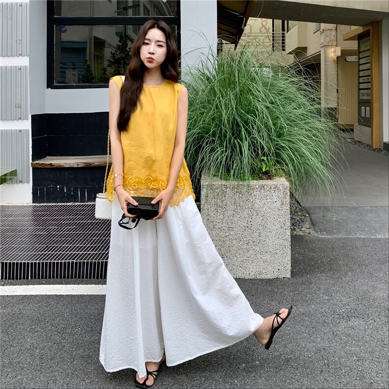 韩系蕾丝拼接背心套装女2025夏季新款时尚休闲阔腿裤百搭两件套,女装套装/套裙,蝶眷