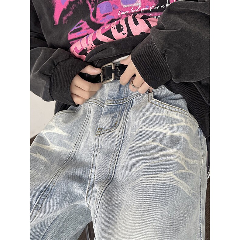 B221美式ins高街暗黑拼接扎染直筒牛仔裤LK24166-P65控88,男装牛仔裤,电商B221