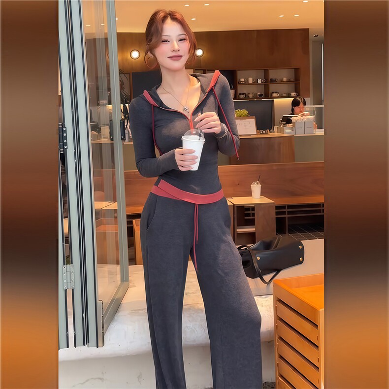 慵懒风一整套穿搭女春季时尚休闲撞色拼接长袖上衣阔腿长裤两件套图片