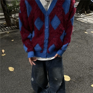 美式秋冬V领开衫针织衫男女慵懒风情侣宽松针织衫M9548-P66图片