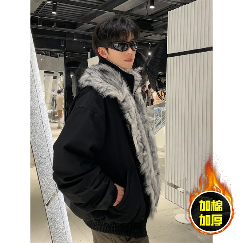 现货高品质美式高街重磅狼王座山雕毛毛领假两件棉衣加厚棉服外套,男装棉衣,电商A486-1