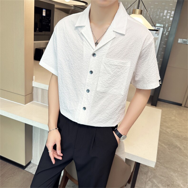 轻熟风男宽松短袖衬衫时尚休闲个性免烫衬衣白色A445-5336-P65,男装衬衫,电商A445