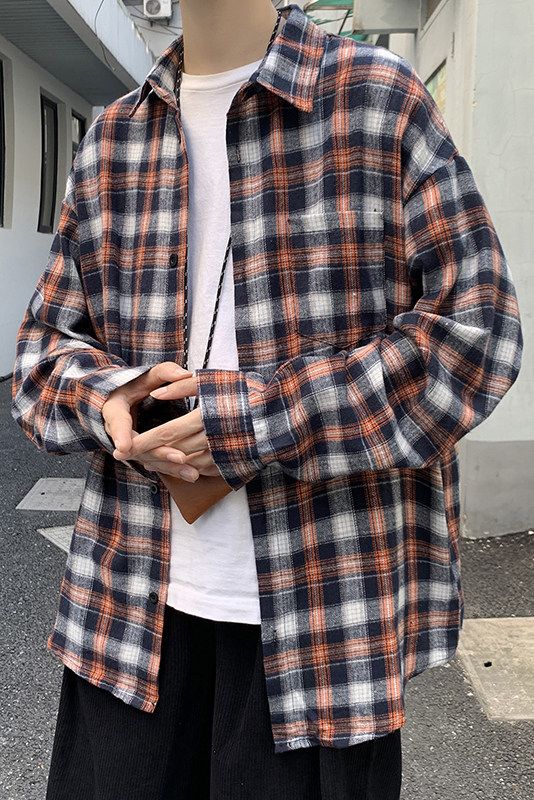 24秋装港风情侣中性格子长袖衬衫外套宽松百搭复古ins潮H216/P45,男装衬衫,钱塘713