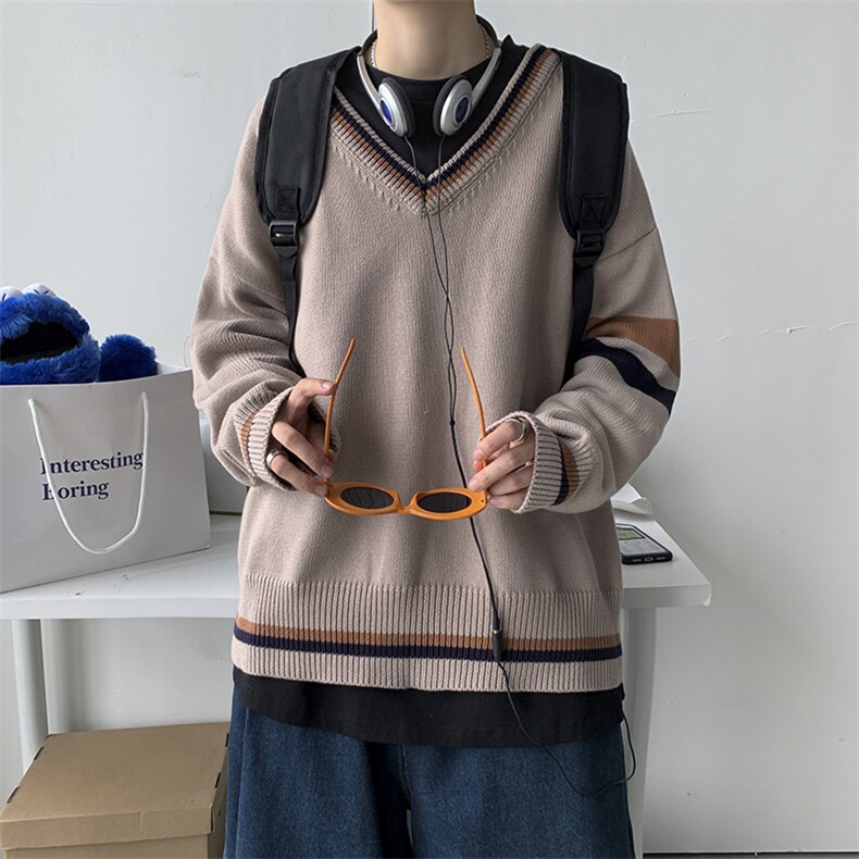 秋装港风针织衫V领长袖毛衣JK宽松外套情侣慵懒风中性W08/P65,男装针织衫/毛衣,电商A221A