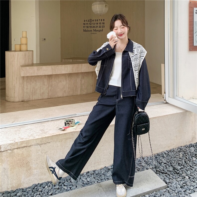 【新品】牛仔套装短外套+弯刀裤两件套带蕾丝披肩,女装套装/套裙,2B076