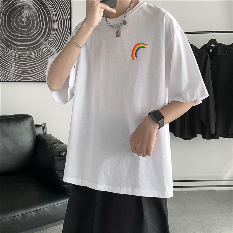 T3032/P20现货男士彩虹印花短袖T恤男女中性风情侣大码潮宽松半袖,男装T恤,电商A141