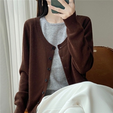 秋冬圆领拼色假两件100%纯羊毛衫女叠穿宽松休闲羊绒针织外套内搭，女装针织衫/毛衣，忠诺羊绒