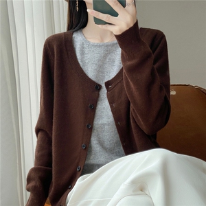 秋冬圆领拼色假两件100%纯羊毛衫女叠穿宽松休闲羊绒针织外套内搭图片