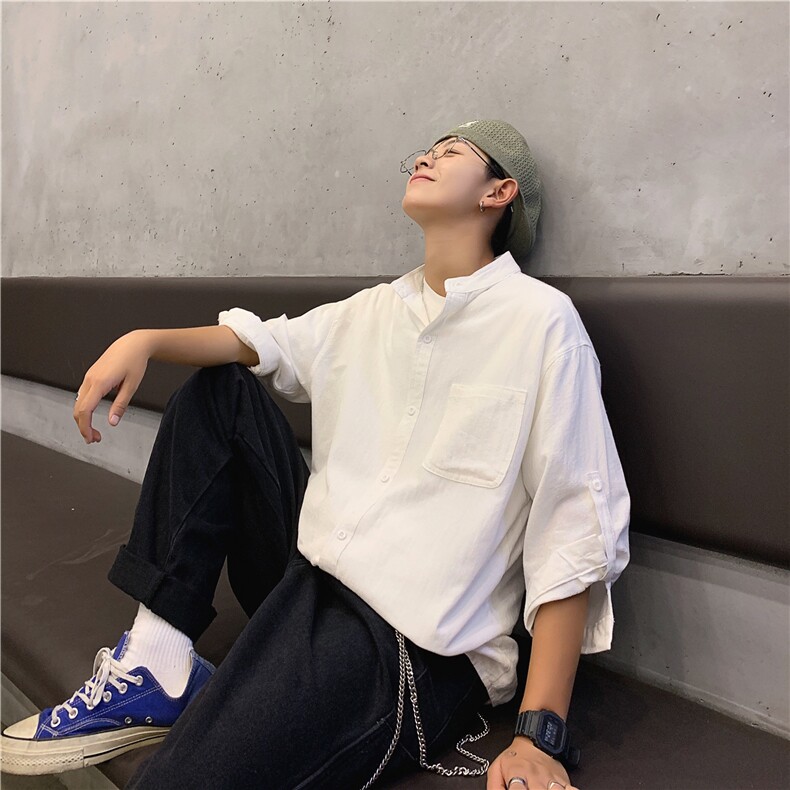 C1020/P28备货充足立领五分中袖潮男士短袖衬衫七分袖大码男控38图片