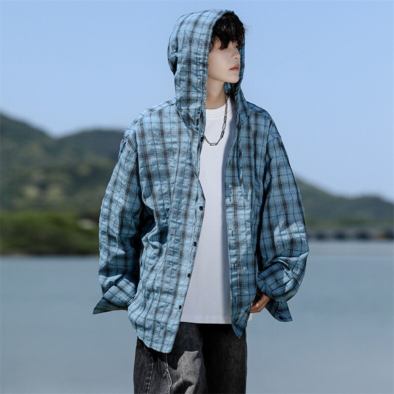 廓形防晒衬衫男夏季长袖冰丝薄款亚麻格子衬衣开衫外套CS29006P48图片