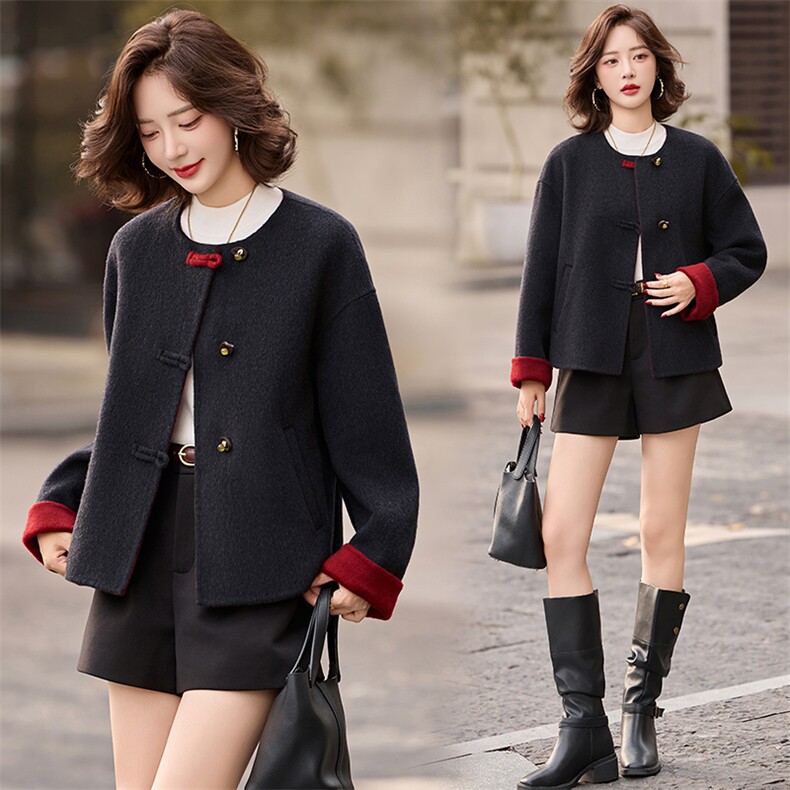 小个子双面羊毛呢大衣女2025秋冬新款气质短款拼色圆领呢子外套，女装双面呢大衣，衣之秀
