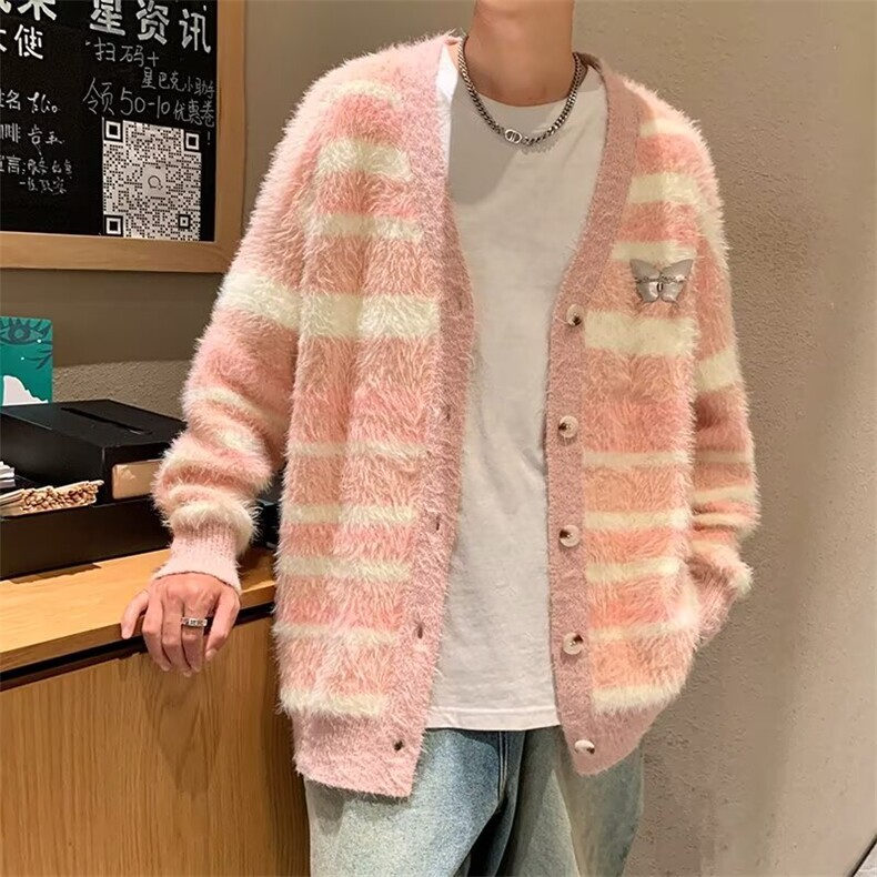 文艺V领宽松拼色毛衣针织衫通勤百搭显瘦开衫外套图片