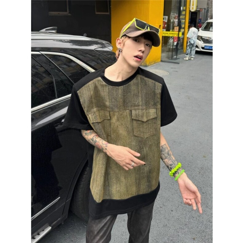 工装t恤扎染拼接牛仔慵懒风复古水洗做旧半袖设计感小众短袖夏季,男装T恤,星座506A