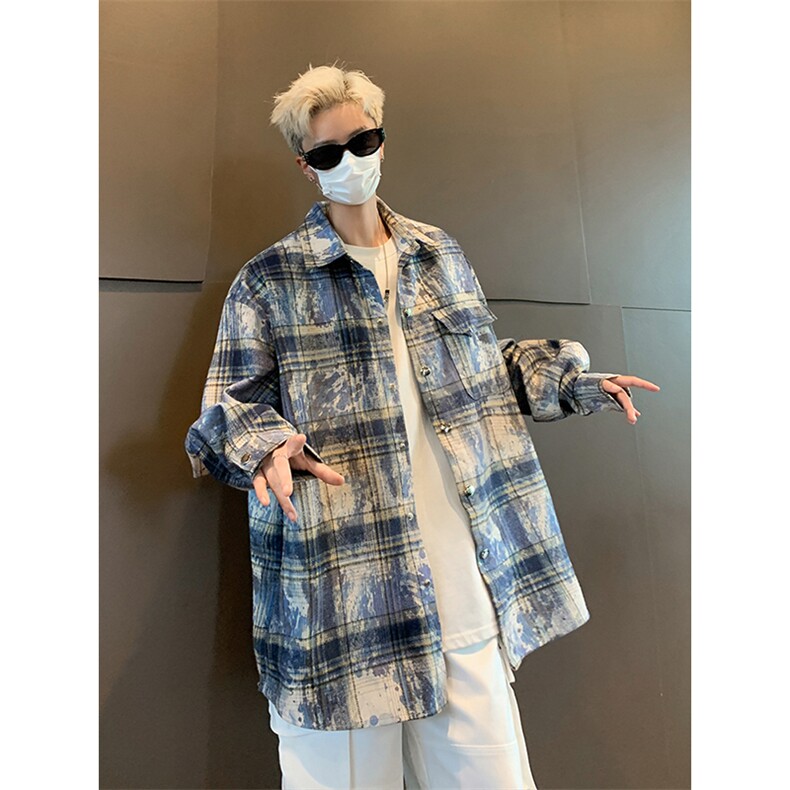 24年秋季扎染彩墨格子衬衫长袖宽松抖音DS-C323-1-CS809-P55,男装衬衫,电商C323-1