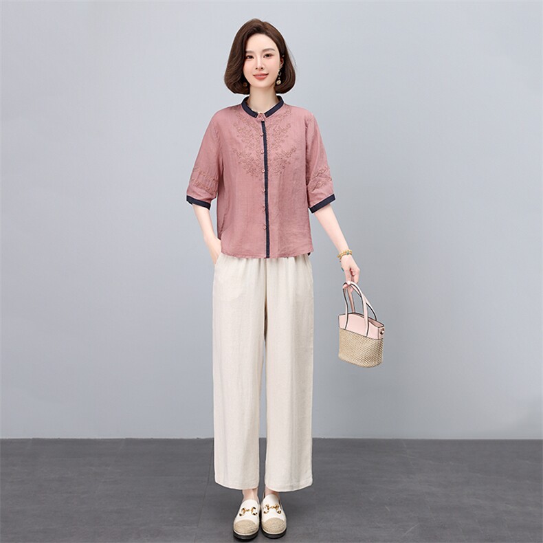2025夏季新款时尚套装女立领真丝提花上衣阔腿裤两件套久恒雅鑫,女装套装/套裙,凝聚力