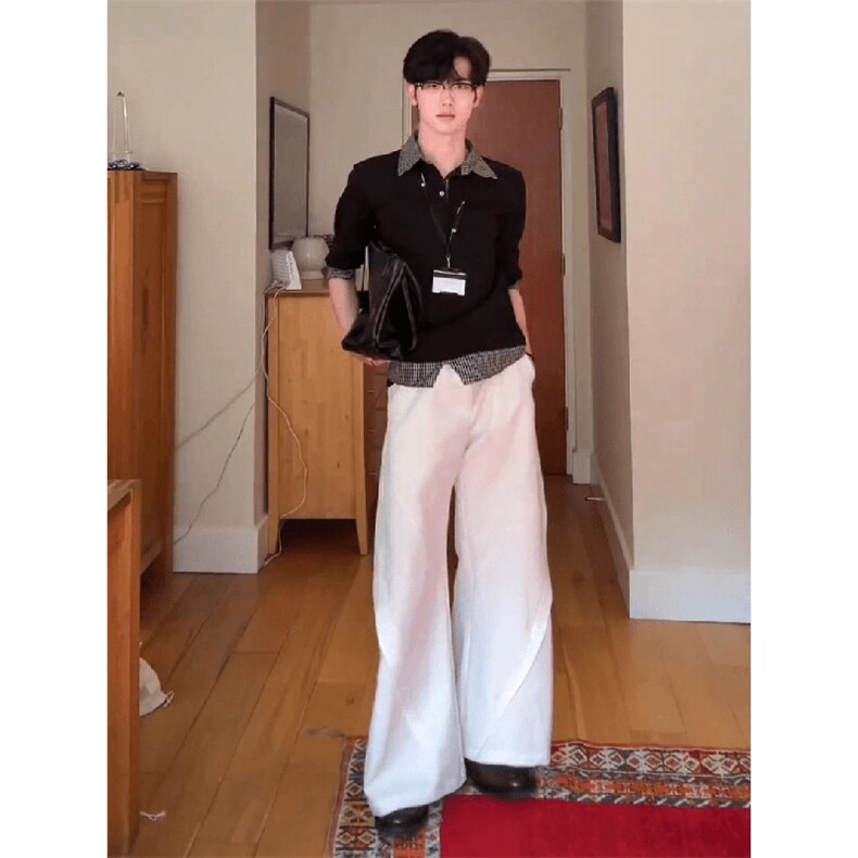 得物抖音高品质二开夏季美式潮牌假两件条纹衬衫翻领高街短袖T恤,男装T恤,电商A486