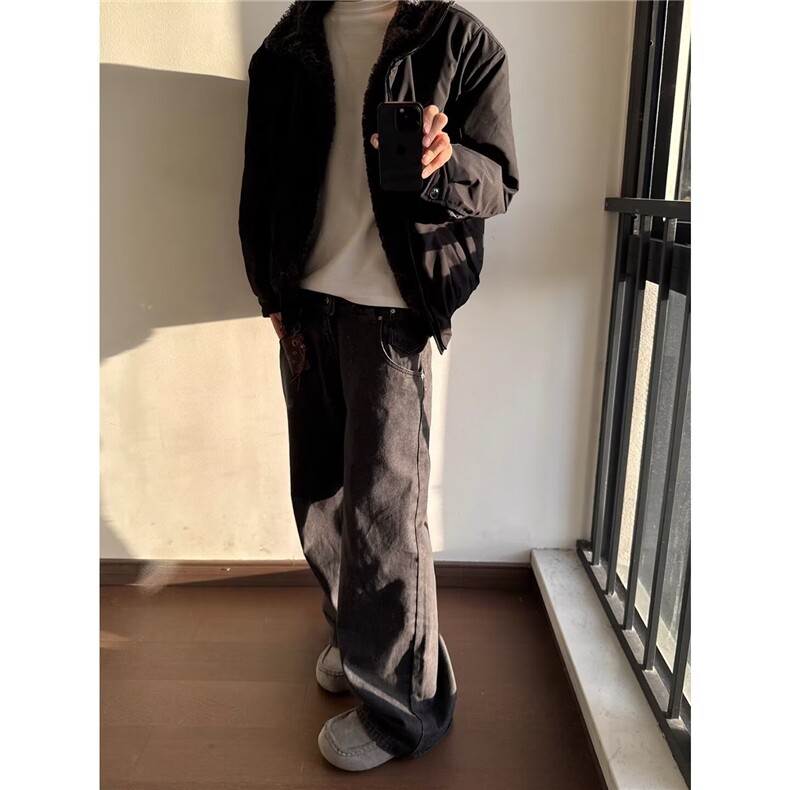 美式牛仔裤新款双腰头拼接水洗阔腿裤高腰窄版直筒裤LN16122-P53,男装牛仔裤,星座1008