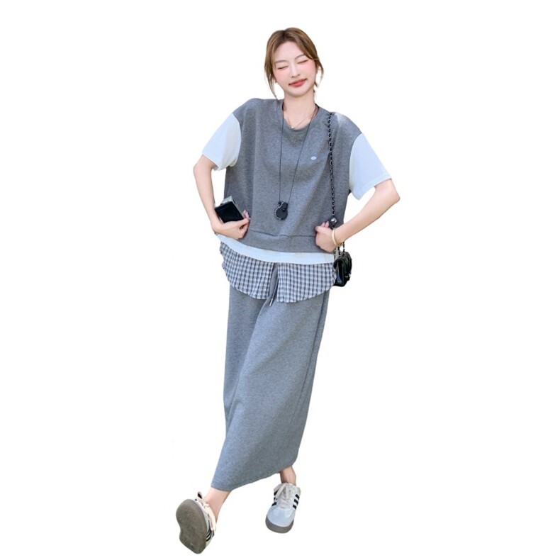 假两件格子拼接卫衣半身裙套装女夏2025新款休闲运动两件套高级感,女装套装/套裙,2C176