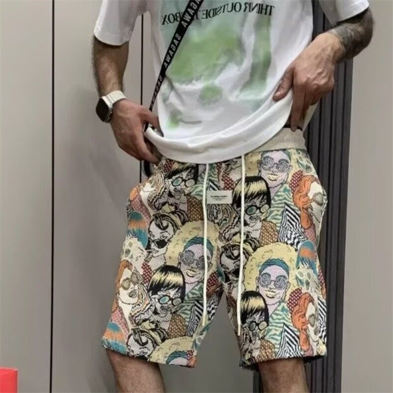 潮牌复古印花短裤夏季轻奢宽松百搭休闲潮流运动五分沙滩满印,男装休闲裤,星座506A