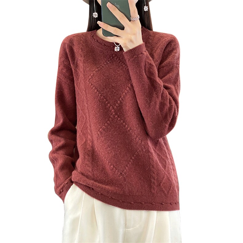 圆领长袖套头纯色2024年秋季简约羊毛衫,女装羊毛衫,德晨羊绒