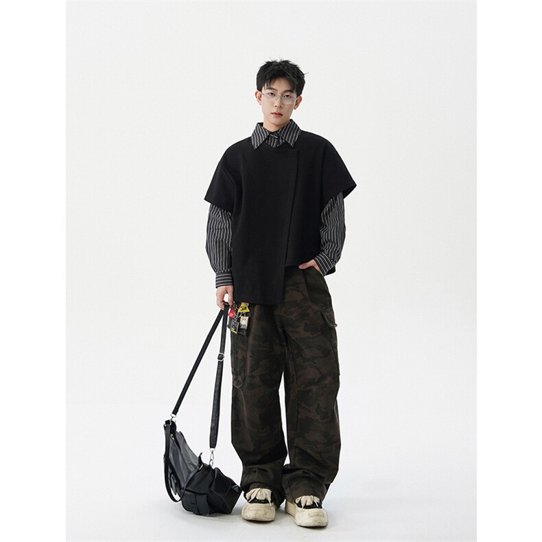8XL-M条纹拼接街头风宽松显瘦不对称设计感假两件卫衣衬衫WY17P58图片
