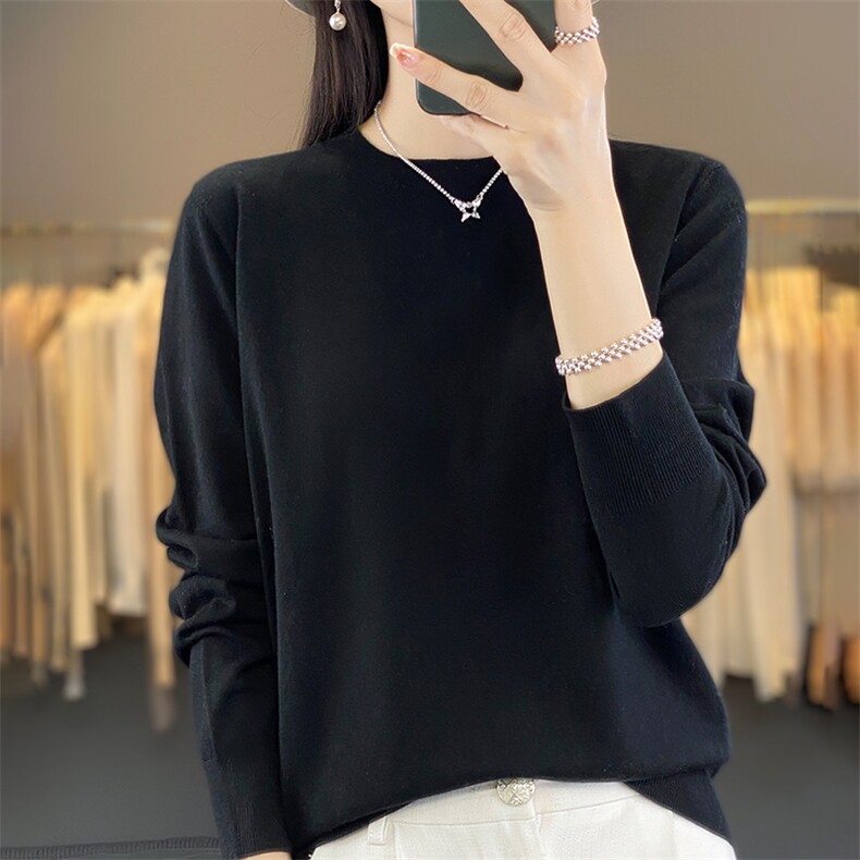 精纺衫女春秋桑蚕丝内搭半高领薄款毛衣宽松针织打底衫,针织衫/毛衣,暖烁羊绒