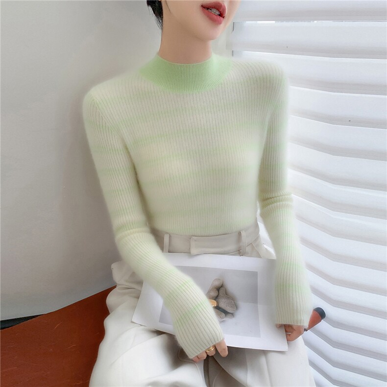 减龄撞色条纹~软糯小山羊绒衫女半高领长袖保暖修身针织打底毛衣,女装羊毛衫,拓驰羊绒