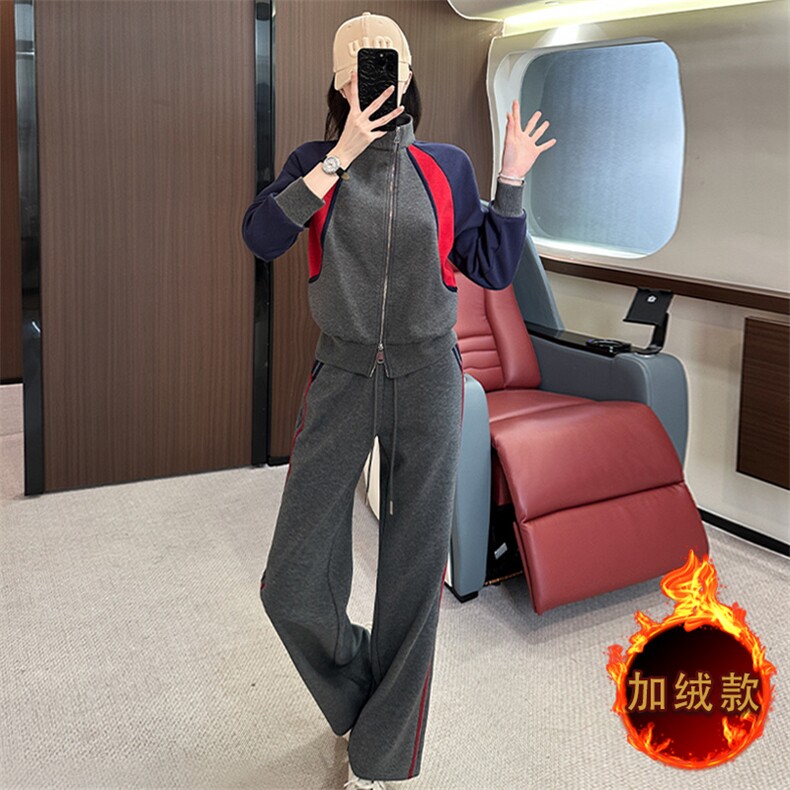 秋冬新款女式加绒撞色卫衣阔腿裤套装显瘦时尚休闲两件套,女装套装/套裙,江南