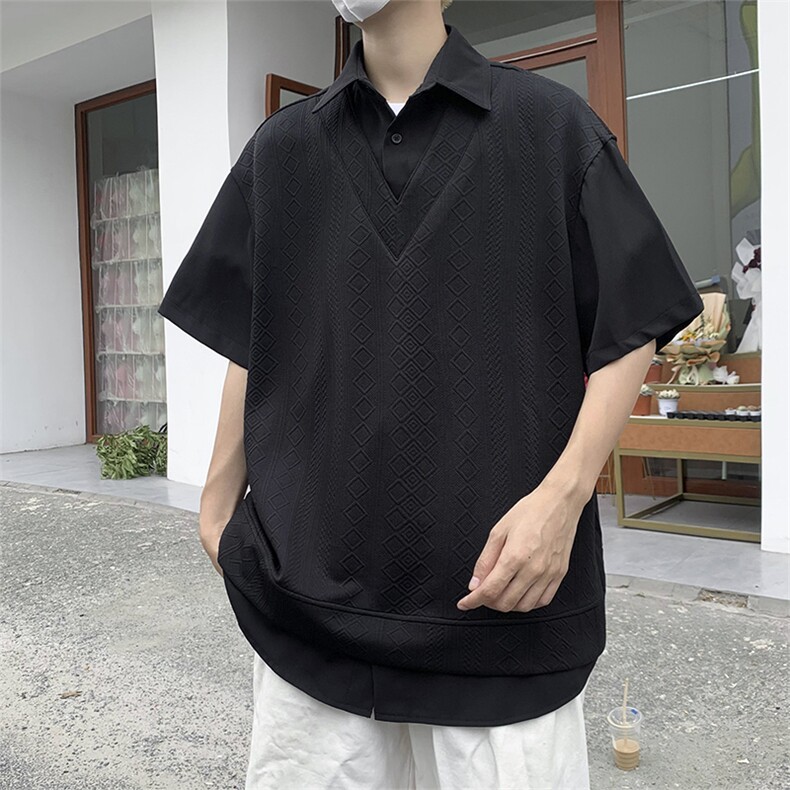 美式潮牌ins假两件套头衬衫男送领带宽松短袖衬衣服CS01271-P45,男装衬衫,星座308B-1
