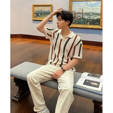 夏季粗针镂空针织衫男士潮牌时尚条纹撞色毛织休闲短袖polo衫，男装T恤，星座516A