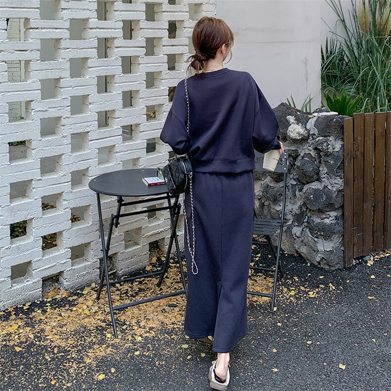 藏青色休闲时尚卫衣套装裙女2025春季新款韩系慵懒风半身裙两件套,女装套装/套裙,C位