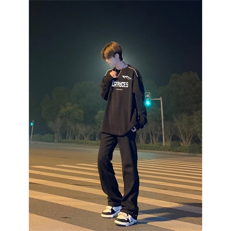 cleanfit裤子高街vibe纯黑色牛仔裤男款夏季修身直筒弹力微喇叭裤图片