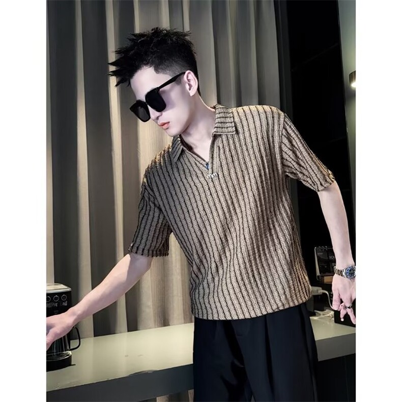 polo衫男士短袖条纹超火潮牌t恤2025新款高级感潮牌痞帅V领上衣服,男装Polo衫,星座506A