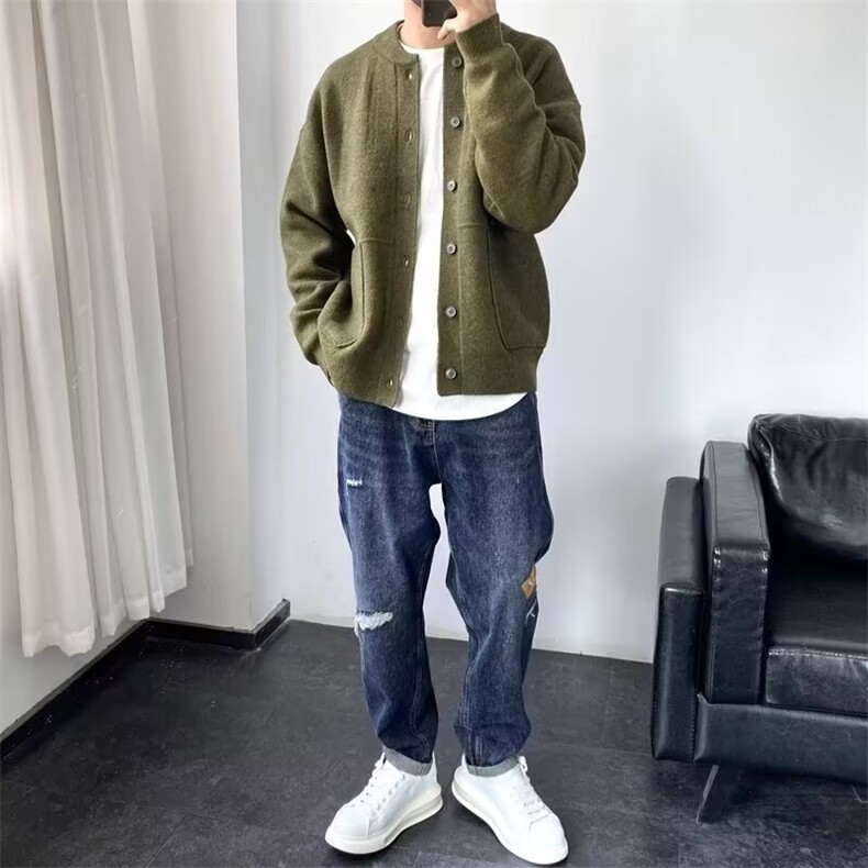 复古纯色立领针织开衫男秋冬新款宽松休闲慵懒风高领毛衣,男装针织衫/毛衣,星座410-7